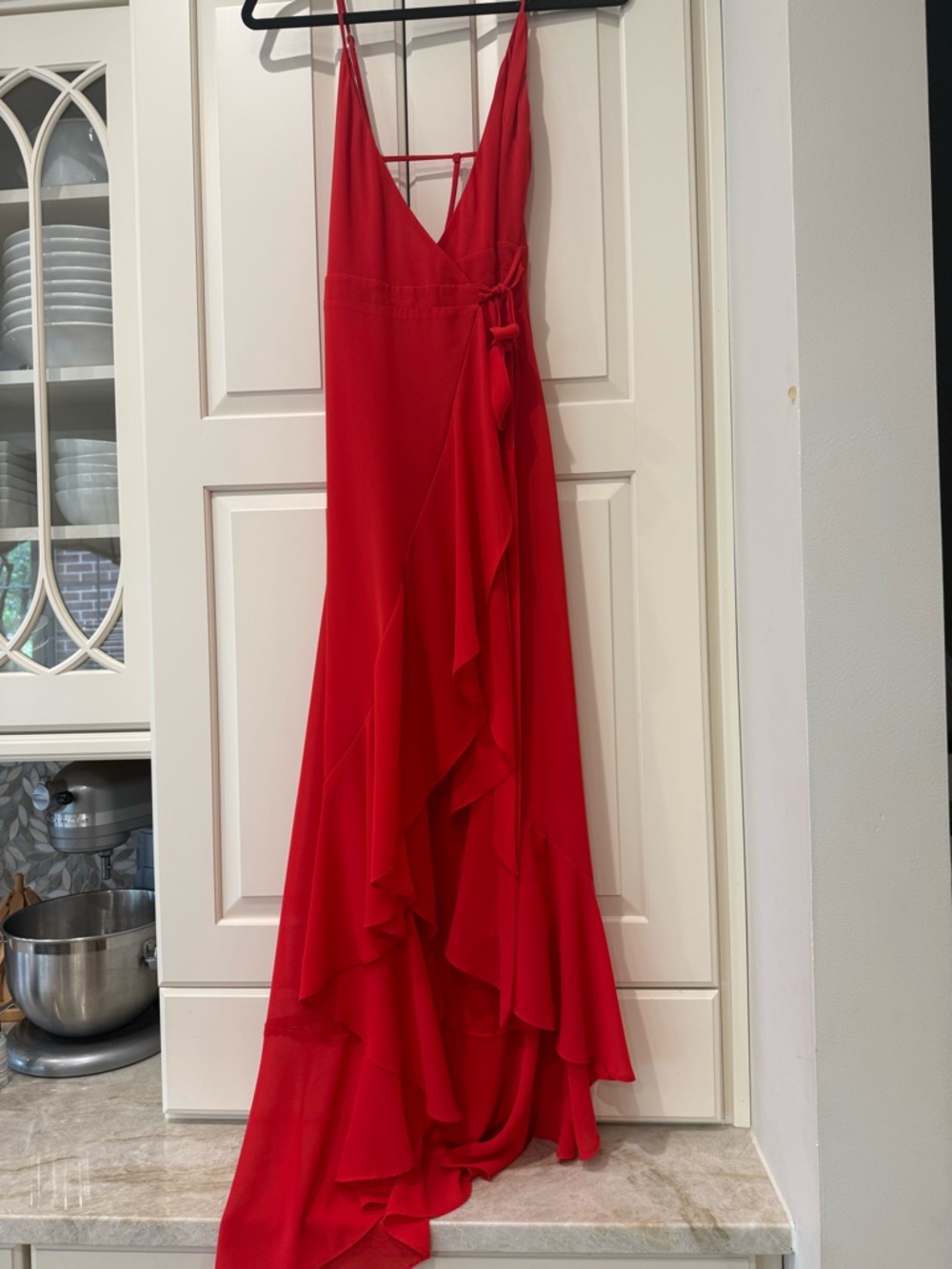 Abbeline Red Ruffled V-Neck Wrap Maxi Dress